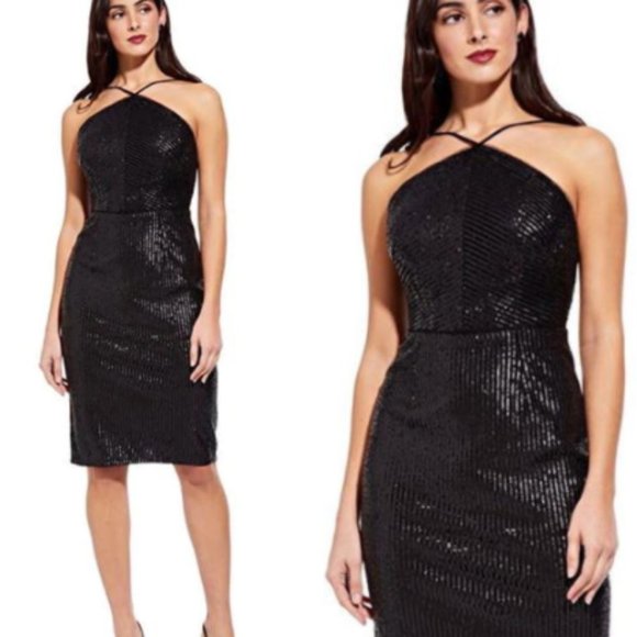 NWT ADRIANNA PAPELL Black Sequin Mini Midi Dress XS Backless Strappy Party Sexy - Picture 11 of 13